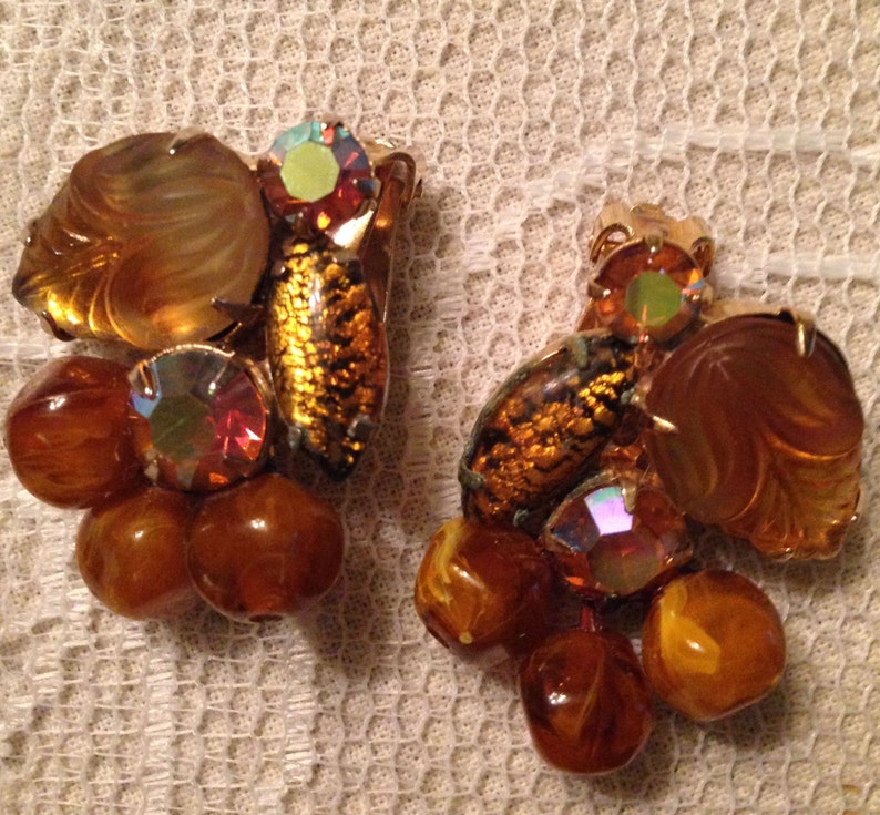 Gorgeous Large Vintage Weiss Brooch Earrings Set ~ Topaz Amber Gold Foil Rhinestones ~ Signed