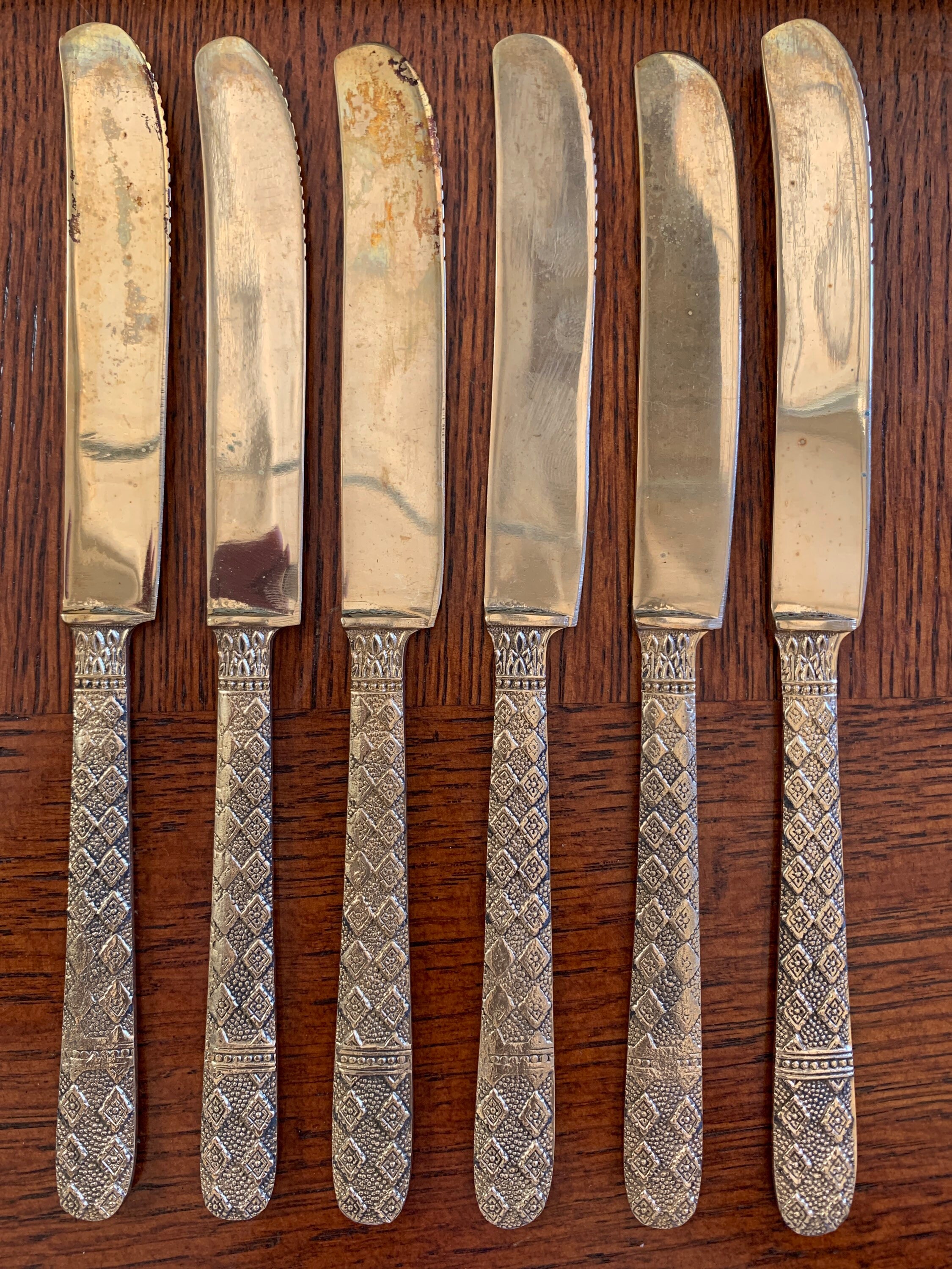 Antique Thailand Nickel Bronze Butter Knife Set of 6, Vintage Bronze