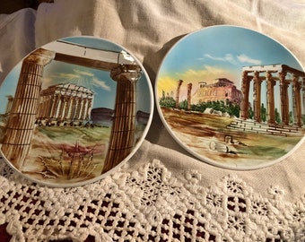 Set of 2 Greek Parthanon Plates, Hand Painted and Made in Greece with raised Composition