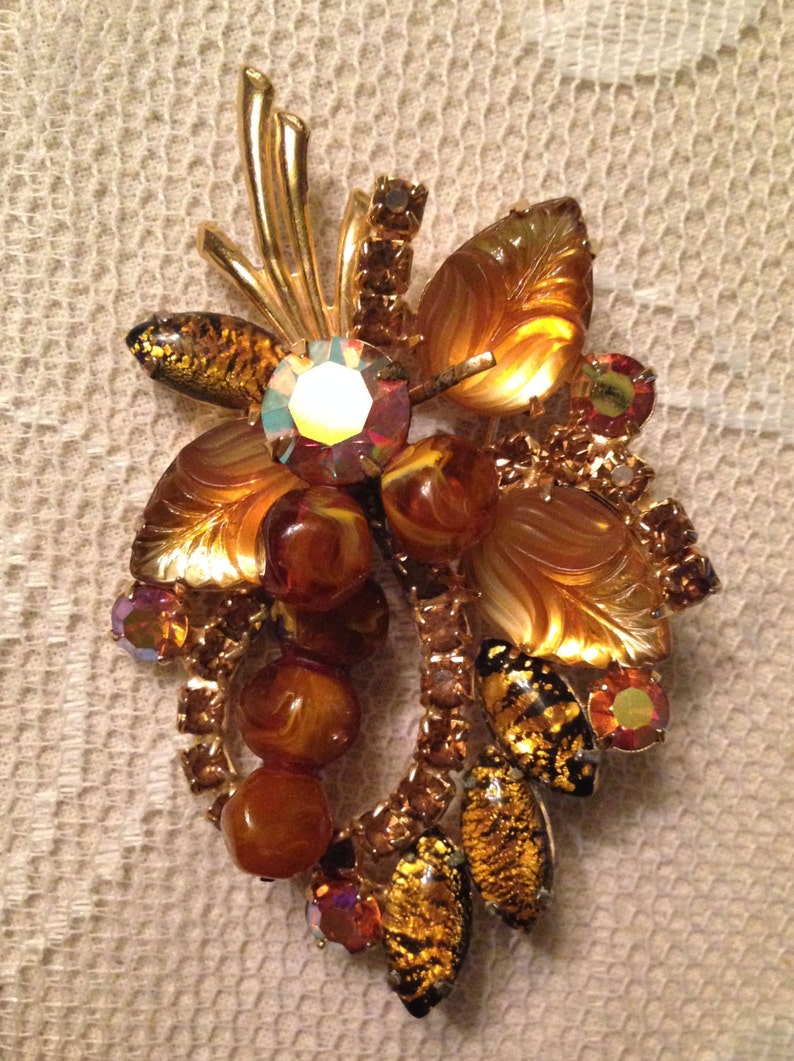 Gorgeous Large Vintage Weiss Brooch Earrings Set ~ Topaz Amber Gold Foil Rhinestones ~ Signed