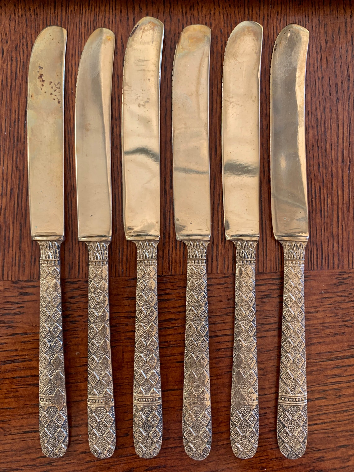 Antique Thailand Nickel Bronze Butter Knife Set of 6, Vintage Bronze