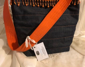 Orange and denim bucket purse Handmade