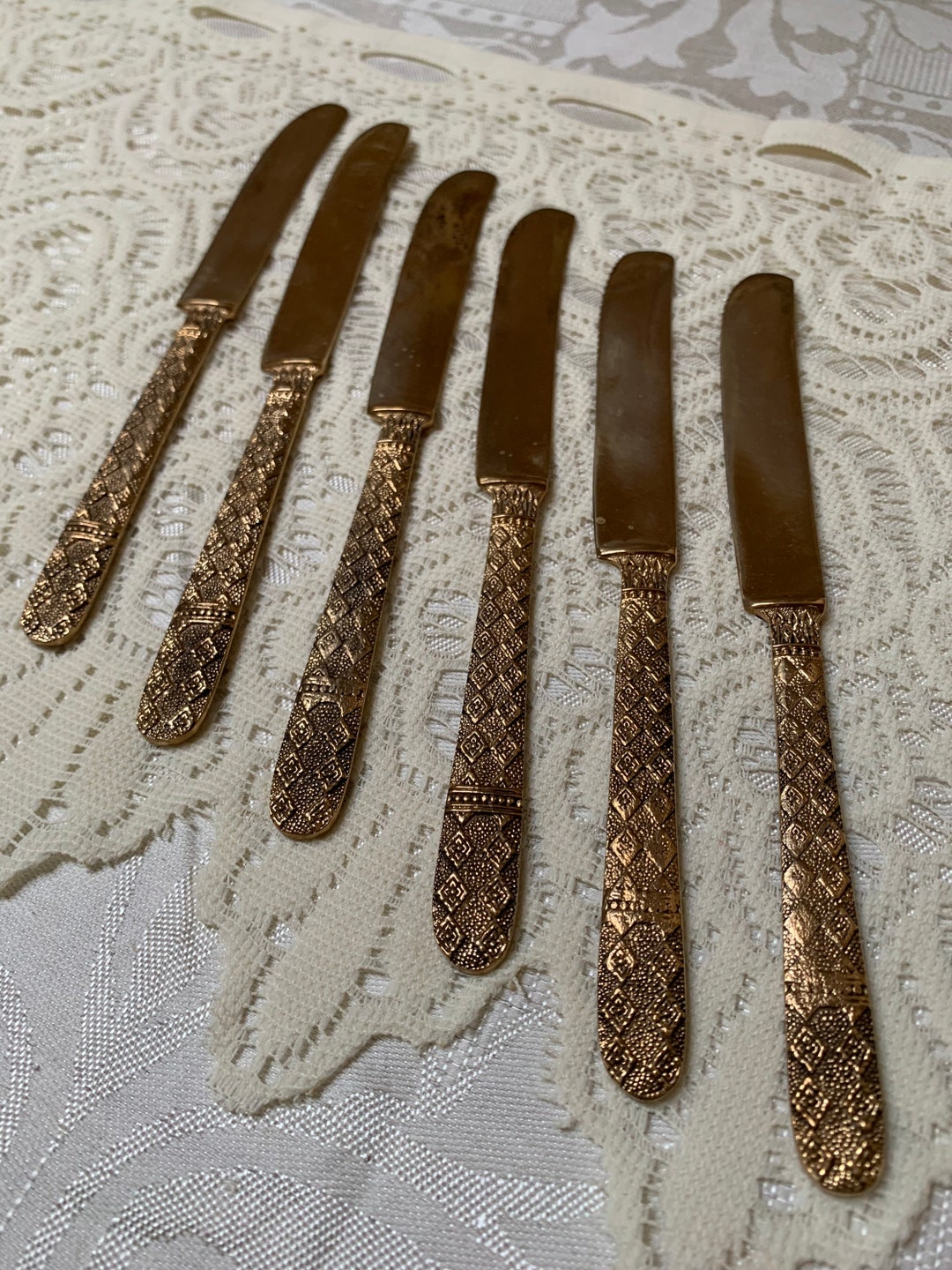 Antique Thailand Nickel Bronze Butter Knife Set of 6, Vintage Bronze