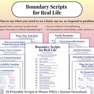 Boundary Scripts for Real Life Printable Bundle | Say No Scripts, People Pleasing Recovery, Healthy Boundaries, Therapy Worksheet PDF