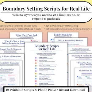 以下が含まれることがあります： Boundary Setting Scripts for Real Lifeと題された印刷可能なドキュメントのコレクション。家族、仕事、お金などの場面で境界線を設定し、断り、反発に対応するためのガイドが含まれており、12種類の印刷可能なスクリプトセットとして構成されています。