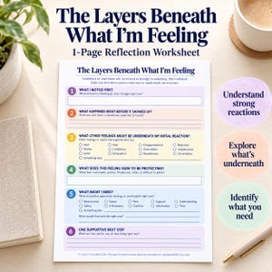 May include: A one-page reflection worksheet titled The Layers Beneath What I'm Feeling. The document features six numbered sections with prompts and checkboxes for emotional exploration, printed in dark blue text on a white background.