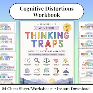Könnte beinhalten: Ein Arbeitsbuch zu kognitiven Verzerrungen mit dem Titel Thinking Traps mit 24 Merkblättern und Arbeitsblättern. Das Cover zeigt bunten Text, Symbole zum Erkennen von Gedanken und eine Berglandschaft für mehr Achtsamkeit.