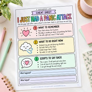 Può includere: Un foglio di suggerimenti intitolato A Grounded Life Cheat Sheet I Just Had A Panic Attack. Presenta tre sezioni a colori con passaggi numerati, icone di un cuore e una nuvola, e righe vuote in fondo per scrivere appunti personali.