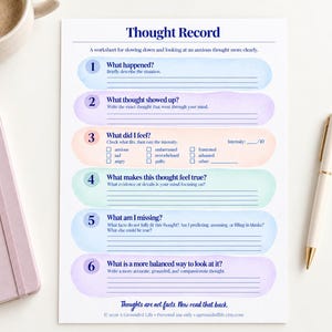 Peut inclure: Une fiche de travail Thought Record avec six sections numérotées sur des fonds de style aquarelle bleu, violet, orange, vert et bleu clair. Le texte inclut des invites comme What happened, What thought showed up et What did I feel.