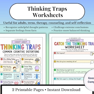 May include: Two printable worksheets titled Thinking Traps Worksheets, featuring a cheat sheet for common cognitive distortions and a catch the thinking trap worksheet. The pages include colorful icons, numbered lists, and text prompts for self-reflection.