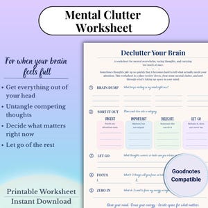May include: A Mental Clutter Worksheet with a cream background and dark blue text. The page includes sections titled Declutter Your Brain, Brain Dump, Sort It Out with coloured boxes for Urgent, Important, Delegate, and Let Go, Focus, and Zero In.