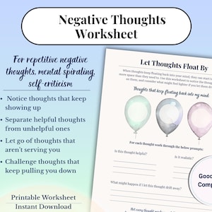 May include: A Negative Thoughts Worksheet featuring the title Let Thoughts Float By, three balloon illustrations in mint, grey, and pink, and prompts to evaluate thoughts. The page includes text about mental spiraling and is Goodnotes Compatible.