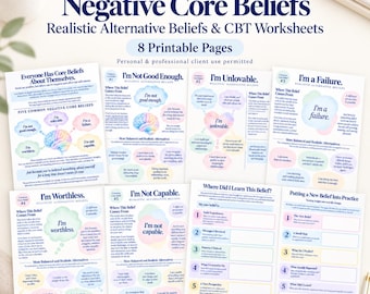May include: A set of eight printable CBT worksheets titled Changing My Negative Core Beliefs. The pages feature pastel-colored text bubbles, brain illustrations, and structured prompts for identifying and reframing core beliefs.