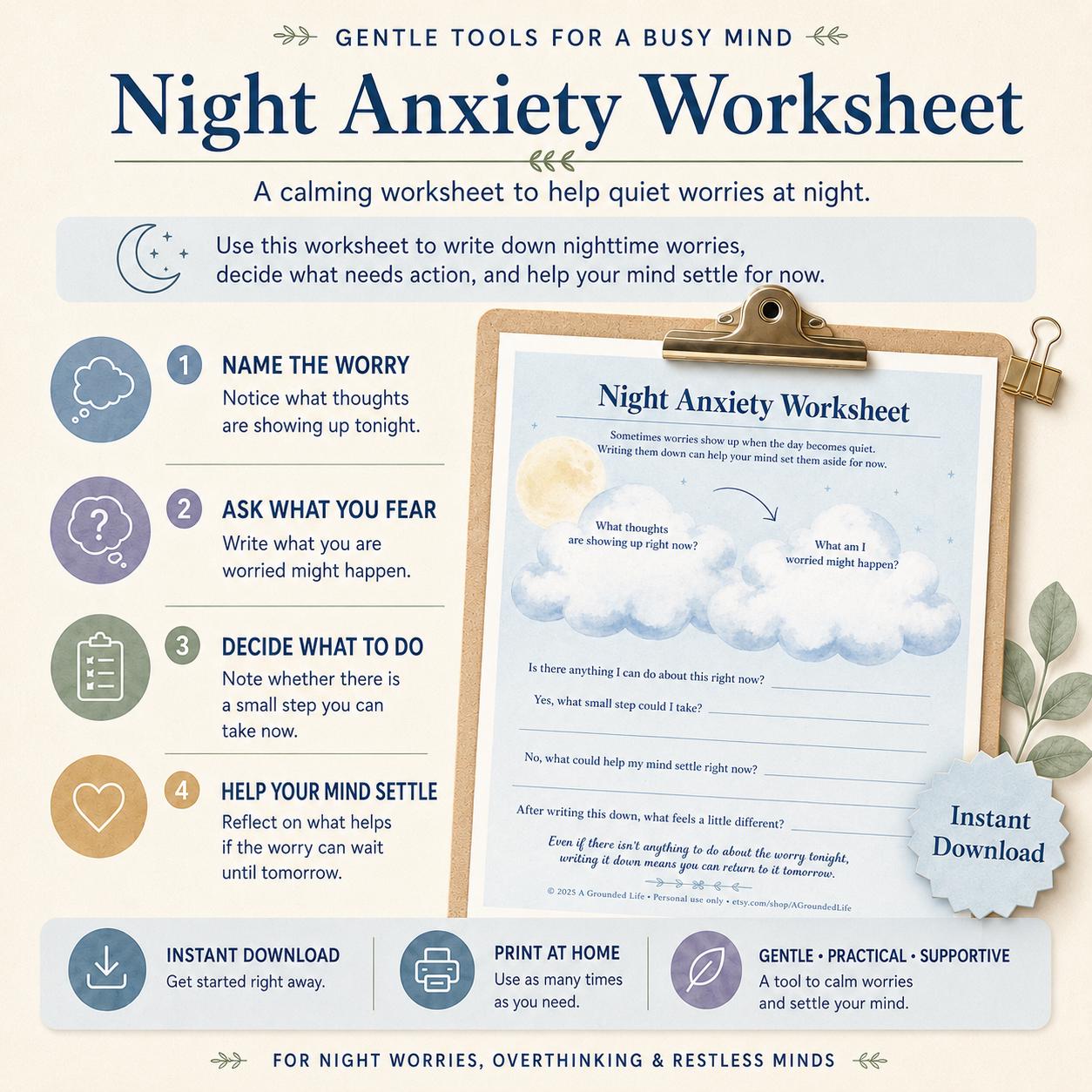 Night Anxiety Worksheet | Bedtime Overthinking | Racing Thoughts at ...