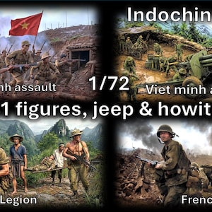 Op de afbeelding: Een 1/72 schaalmodelset getiteld Indochina war met 141 figuren, een jeep en een houwitser. De set bevat afbeeldingen van Viet minh assault, Viet minh artillery, French Legion en French Para soldaten in diverse gevechtssituaties.