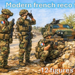 Pode incluir: Ilustração de uma equipa de reconhecimento francesa moderna, com soldados em uniformes de camuflagem, transportando armas e um veículo militar. A imagem inclui o texto "Modern French reco team", "1/72" e "12 figures & Vbl".