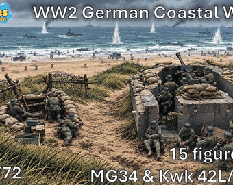 以下が含まれることがあります： 1/72スケールのモデルキット「WW2 German Coastal WN」。15体のフィギュア、MG34、Kwk 42L/60が含まれています。砂袋の掩体壕にいる兵士たちが、有刺鉄線のある海岸から船や爆発のある海を見下ろしている様子が描かれています。