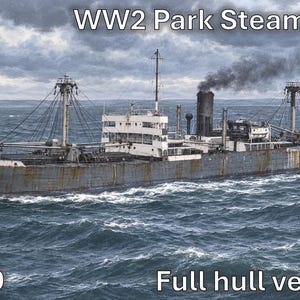 Peut inclure: Un mod&egrave;le r&eacute;duit &agrave; l'&eacute;chelle 1/700 d'un navire &agrave; vapeur WW2 Park, version coque compl&egrave;te. Le navire gris pr&eacute;sente une chemin&eacute;e noire centrale &eacute;mettant de la fum&eacute;e, une superstructure blanche, des m&acirc;ts et un gr&eacute;ement sur une mer agit&eacute;e.