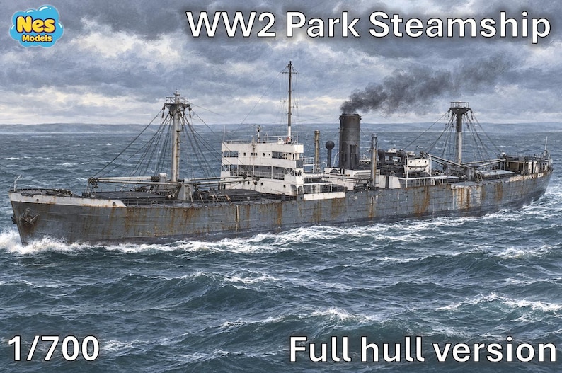 Peut inclure: Un mod&egrave;le r&eacute;duit &agrave; l'&eacute;chelle 1/700 d'un navire &agrave; vapeur WW2 Park, version coque compl&egrave;te. Le navire gris pr&eacute;sente une chemin&eacute;e noire centrale &eacute;mettant de la fum&eacute;e, une superstructure blanche, des m&acirc;ts et un gr&eacute;ement sur une mer agit&eacute;e.