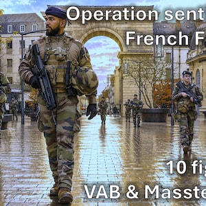 Könnte beinhalten: Ein Set aus 10 maßstabsgetreuen Figuren der französischen Streitkräfte der Operation Sentinelle, mit Soldaten in Tarnuniformen, taktischer Ausrüstung und Gewehren, im Maßstab 1/72 mit VAB- und MasstechT4-Ausrüstungskennzeichnungen.