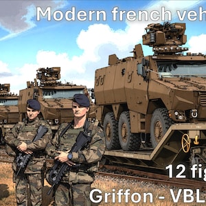Peut inclure: Illustration de v&eacute;hicules militaires fran&ccedil;ais modernes et de soldats. L'image pr&eacute;sente plusieurs v&eacute;hicules blind&eacute;s bruns sur un wagon, avec des soldats en uniforme de camouflage et b&eacute;rets. Le texte comprend "Modern French vehicles", "12 figures" et "Griffon - VBL - VT4".