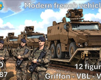 1/87 HO Moderne französische Fahrzeuge für Modelleisenbahnen (Griffon, VBL, VT4, 12 Figuren)
