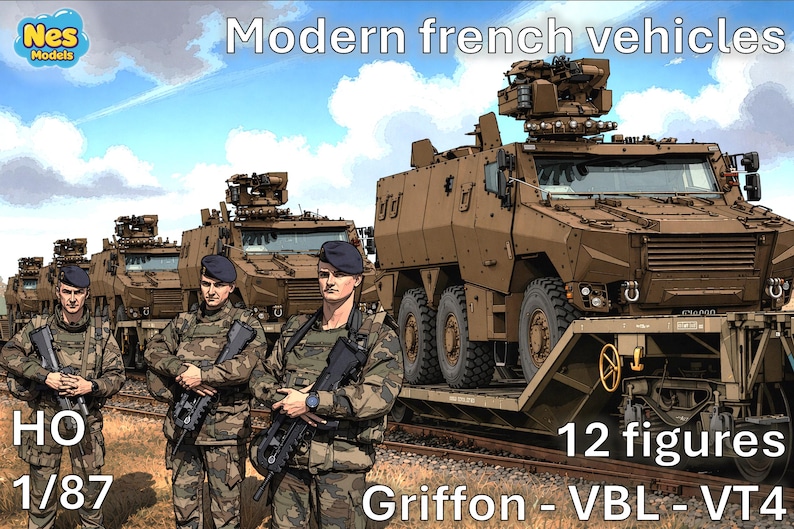 Peut inclure: Illustration de v&eacute;hicules militaires fran&ccedil;ais modernes et de soldats. L'image pr&eacute;sente plusieurs v&eacute;hicules blind&eacute;s bruns sur un wagon, avec des soldats en uniforme de camouflage et b&eacute;rets. Le texte comprend "Modern French vehicles", "12 figures" et "Griffon - VBL - VT4".