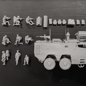 May include: A collection of unpainted miniature military figures and a light gray armored vehicle. The figures are in various action poses, including kneeling and aiming rifles. Additional accessories are also included.