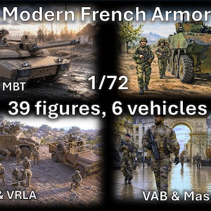 Op de afbeelding: Een Modern French Armor Pack modelbouwset met 39 figuren en 6 voertuigen op schaal 1/72. De set bevat een Leclerc MBT, VBCI, Serval, VRLA, VAB en MassTech4, weergegeven met illustraties van de voertuigen en soldaten in actie.