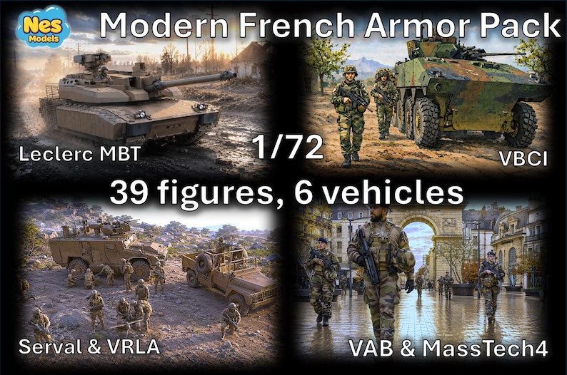 Op de afbeelding: Een Modern French Armor Pack modelbouwset met 39 figuren en 6 voertuigen op schaal 1/72. De set bevat een Leclerc MBT, VBCI, Serval, VRLA, VAB en MassTech4, weergegeven met illustraties van de voertuigen en soldaten in actie.