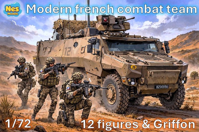 May include: Illustration of a modern French combat team with a tan armored vehicle and soldiers in camouflage uniforms. The image includes the text "Modern French combat team", "1/72", and "12 figures & Griffon". The scene is set in a desert landscape.