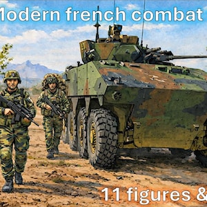 Op de afbeelding: Modelbouwpakket "Modern French combat team" met een militair voertuig en twee soldaten in camouflage-uniformen. De doos bevat de tekst "1/72" en "11 figures & Vbci". De achtergrond toont een woestijnlandschap.