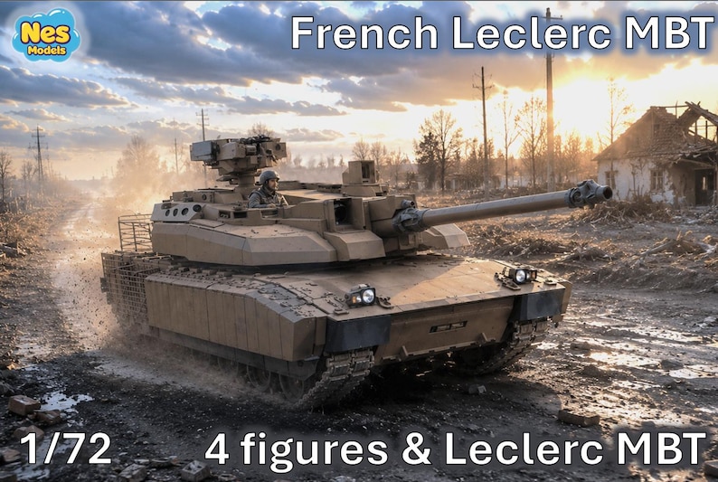 Pode incluir: Um modelo &agrave; escala 1/72 de um tanque franc&ecirc;s Leclerc MBT de cor bege com um canh&atilde;o longo, um sistema de armas montado na torre e dois far&oacute;is dianteiros, num ambiente lamacento com o texto French Leclerc MBT e 4 figures & Leclerc MBT.