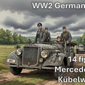 Pu&ograve; includere: Illustrazione di un modello Mercedes G4 K&uuml;belwagen con 14 figure, etichettato come "WW2 German staff". Il modello &egrave; in scala 1/72. L'immagine mostra il veicolo su uno sterrato.
