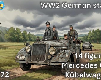 1/72 20mm WW2 Deutsches Stabspersonal (11 Figuren, Mercedes G4, Kübelwagen)