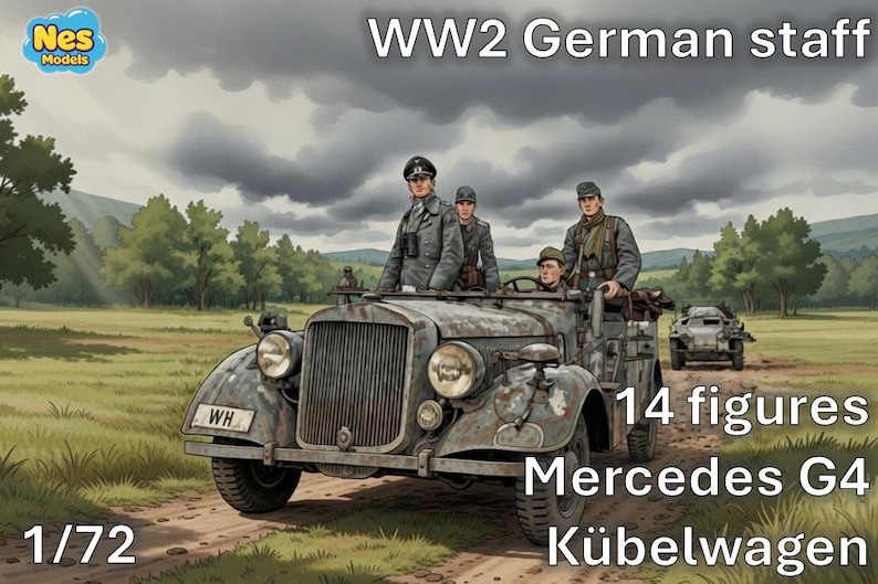 Pu&ograve; includere: Illustrazione di un modello Mercedes G4 K&uuml;belwagen con 14 figure, etichettato come "WW2 German staff". Il modello &egrave; in scala 1/72. L'immagine mostra il veicolo su uno sterrato.
