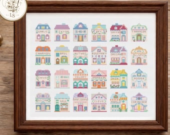 Lenox Spice Cottage Village Inspired Cross Stitch Pattern | 24 Mini Homes Sampler (PDF Download)