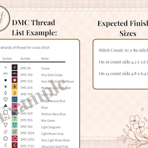 May include: A cross-stitch pattern guide with a DMC thread list and expected finished sizes. The list includes thread numbers, symbols, and names, such as Cocoa and Rose. Finished sizes are 4.2 x 5.6 inches and 4.8 x 6.4 inches.