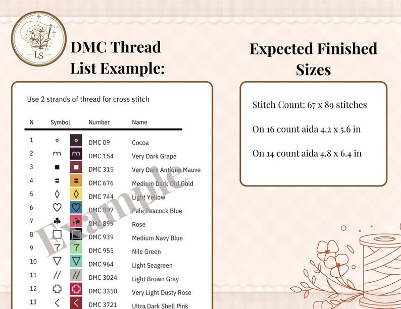 May include: A cross-stitch pattern guide with a DMC thread list and expected finished sizes. The list includes thread numbers, symbols, and names, such as Cocoa and Rose. Finished sizes are 4.2 x 5.6 inches and 4.8 x 6.4 inches.