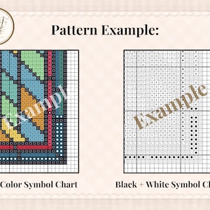 May include: Two cross-stitch pattern examples are shown. The left chart is a color symbol chart with a geometric design in various colors. The right chart is a black and white symbol chart. Text reads "Pattern Example:" and "Color Symbol Chart" and "Black + White Symbol Chart."