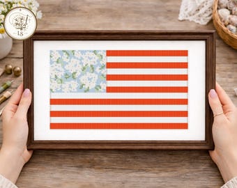 Hydrangea Stars & Stripes Cross Stitch Pattern – Vintage Cottage Americana Flag PDF