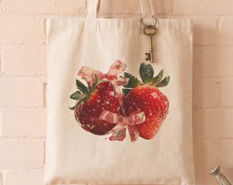 Bolso tote Coquette Strawberry, bolso de lona con estética de fresa adorable, bolso rosa con lazo para bayas, bolso de frutas estilo cottagecore, regalo de verano para chicas