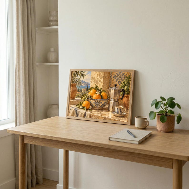 Mediterranean Orange Still Life Poster, Blue Pottery Kitchen Wall Art ...