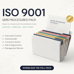 May include: An ISO 9001 QMS Procedures Pack documentation suite featuring a white folder containing multi-coloured file dividers. Text includes ISO 9001, QMS PROCEDURES PACK, Ready-to-Implement Documentation Suite, CERTIFIED, COMPLIANT, AUDIT-READY, and DOWNLOAD THE FULL PACK.