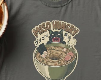 Miso Hungry Black Cat Shirt, Funny Japanese Food Pun Kawaii Ramen Tee