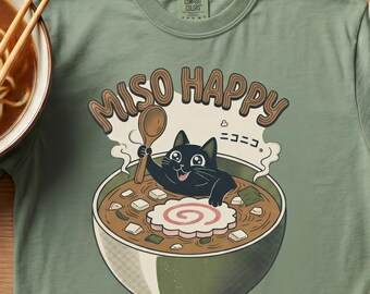 Miso Happy Black Cat Shirt, Funny Japanese Food Pun Kawaii Ramen Tee