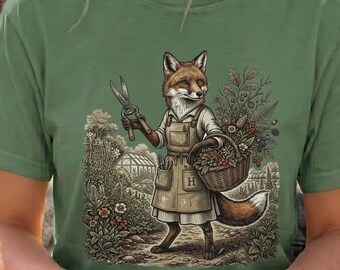 Gardening Fox Shirt, Cottagecore Vintage Illustration Tee, Botanical Woodland Animal Graphic