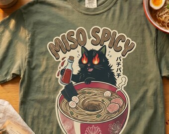 Miso Spicy Black Cat Shirt, Funny Japanese Food Pun Kawaii Ramen Tee