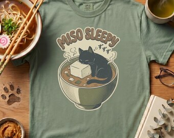 Miso Sleepy Black Cat Shirt, Funny Japanese Food Pun Kawaii Ramen Tee
