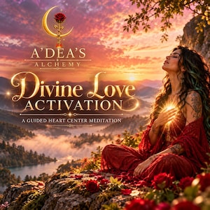 Może przedstawiać: Grafika cyfrowa z tekstem A'DEA'S ALCHEMY DIVINE LOVE ACTIVATION A GUIDED HEART CENTER MEDITATION. Osoba w czerwonym stroju siedzi na skalistym klifie pokrytym czerwonymi różami, z jasnym światłem na piersi na tle zachodzącego słońca.